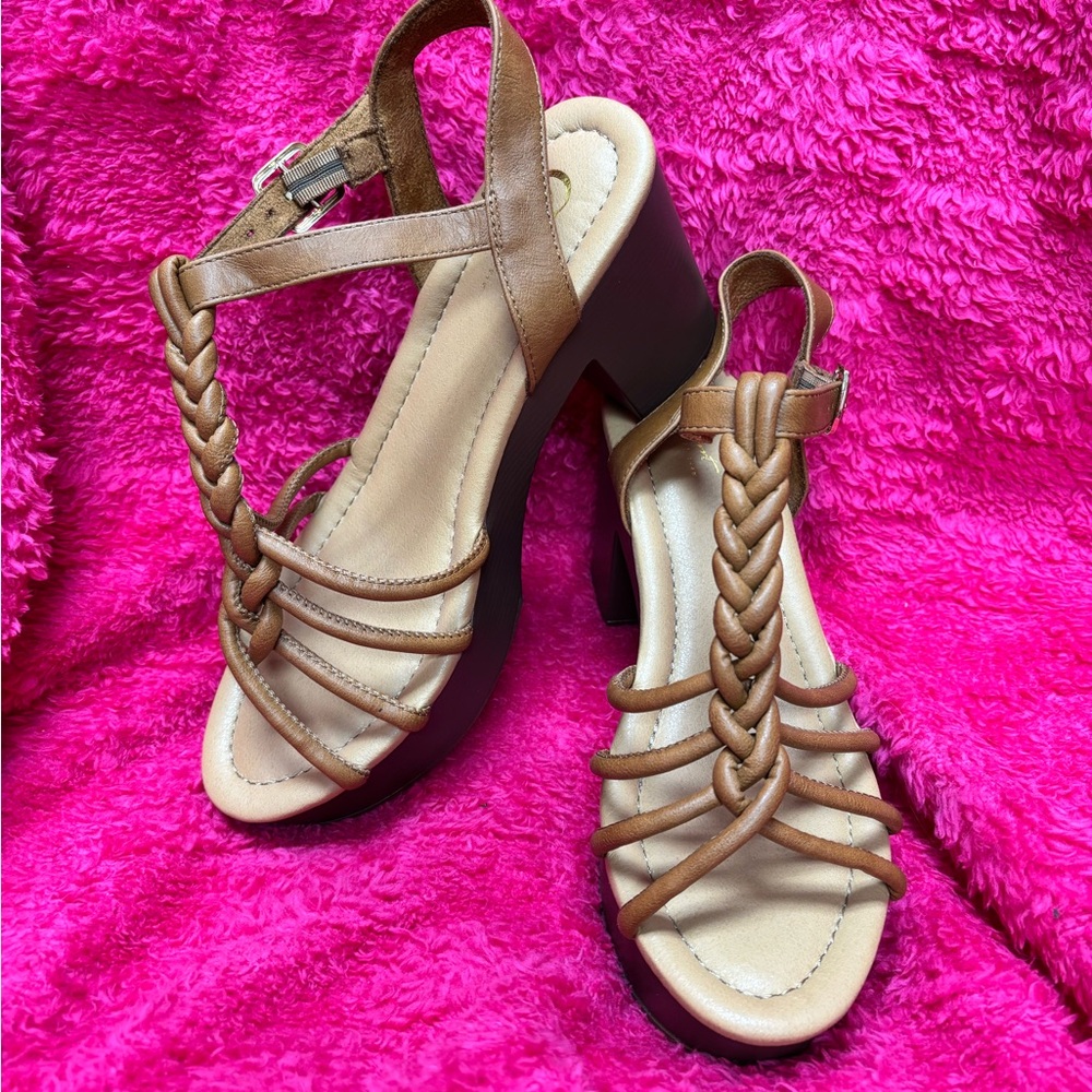 Cato Tan Braided Strappy Block Heel Sandals
